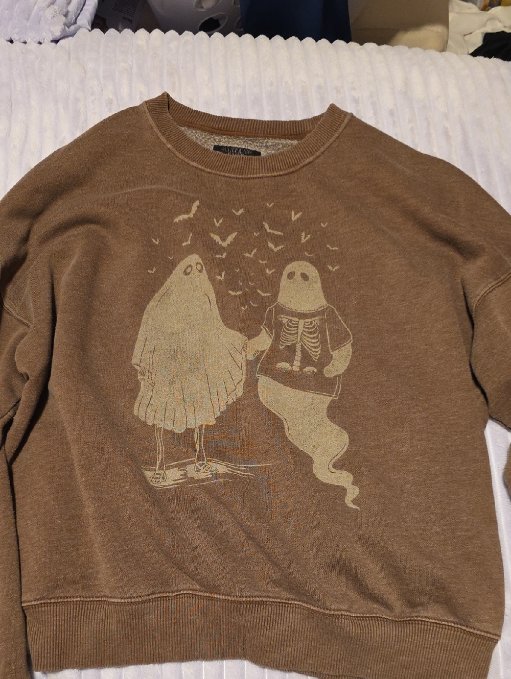 American Eagle Outfitters Brown Crewneck Sweatshirt with Ghost Couple Print